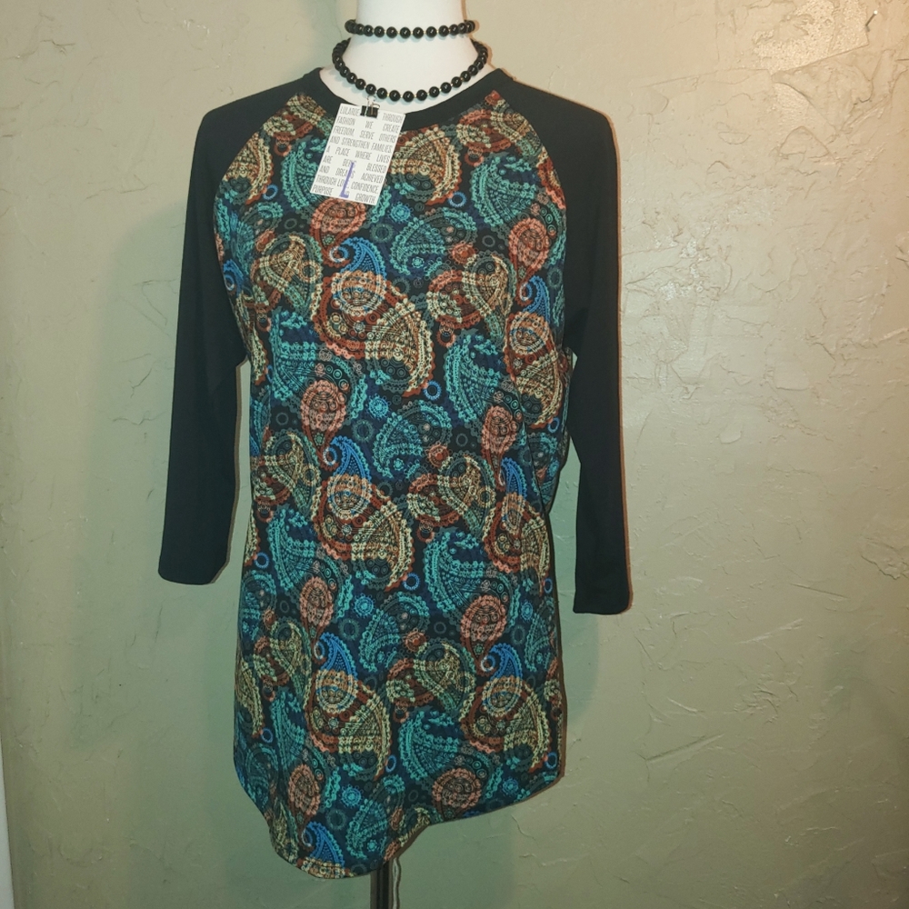 NWT LuLaRoe LLR Randy Baseball Raglan Black 3/4 Sleeves Tee Shirt Top Paisley - Picture 10 of 11